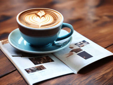 A cup of cappuccino with latte art on wooden tableの素材