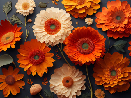 Gerbera flowers on a dark background. Floral pattern.の素材