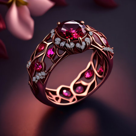 Jewelry ring with pink gemstone on a dark background.の素材