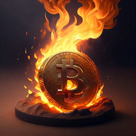 Burning bitcoin on a dark background. 3d rendering. Computer digital drawing.の素材