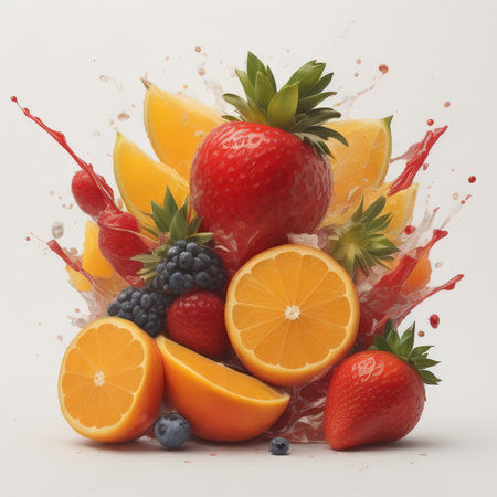 Fruit mix in a glass with splashes of juice on white backgroundの素材