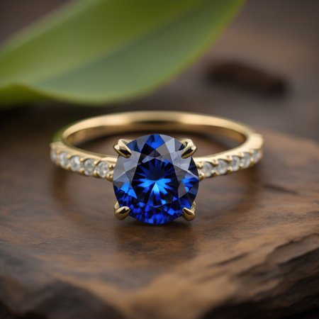 Wedding ring with blue sapphire on a wooden backgroundの素材