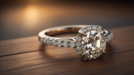 Wedding ring with diamonds on a wooden table. 3d illustrationの素材