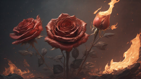Burning red roses on a dark background. 3D illustration.の素材