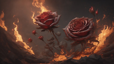 Burning roses in the fire. 3d illustration. Fire and flames.の素材