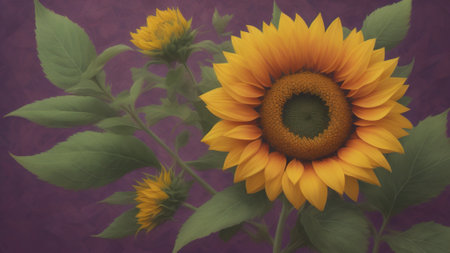 sunflowers on a purple background with a filter effect retro vintage styleの素材