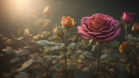 Beautiful roses in vintage style on dark background with copy space.の素材