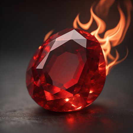Gemstone on a dark background with fire. 3d renderingの素材