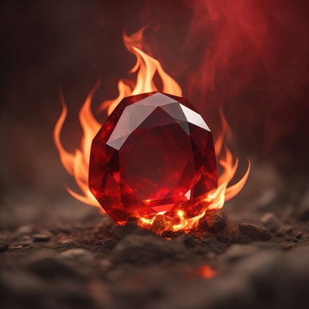 Gemstone on the ground with fire. 3d illustration.の素材