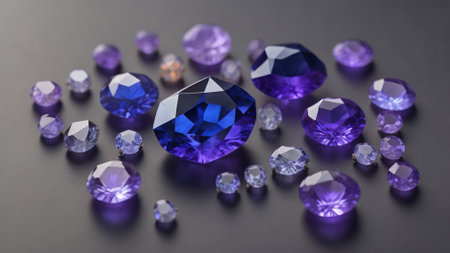 Blue and purple diamonds on a dark background. 3d rendering.の素材