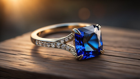 Wedding ring with blue sapphire on wooden table.の素材