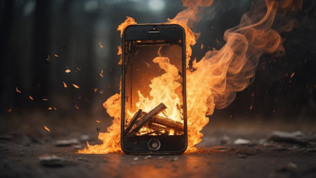 Smartphone burns in the forest on a dark background. Fire in the phone.の素材