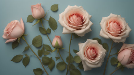 Flowers composition. Pink roses on blue background. Flat lay, top view, copy spaceの素材