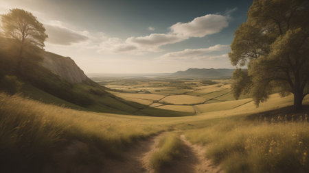 Digital composite of Sunset over fields and hills against blue sky with cloudsの素材
