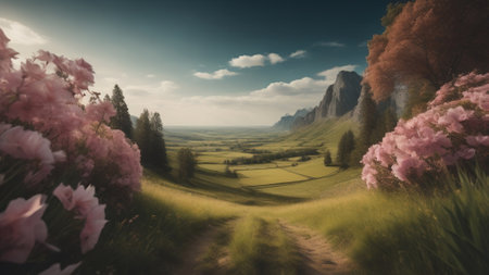 Beautiful spring landscape with a road and pink flowers in the foregroundの素材
