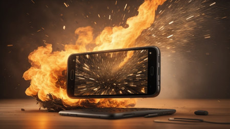 Smartphone with burning screen on wooden table. Fire effect. 3d renderingの素材