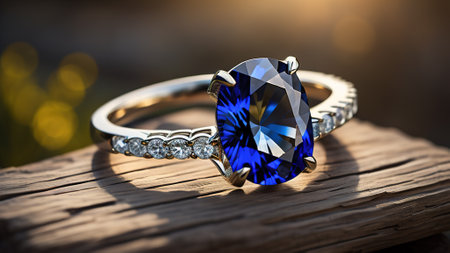 wedding ring with blue sapphire on a wooden backgroundの素材