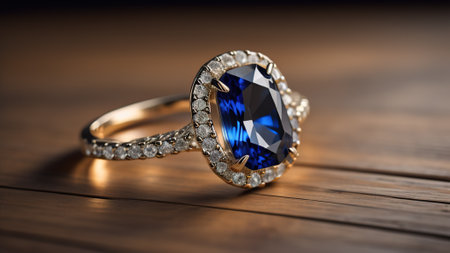 Wedding ring with blue sapphire on a wooden backgroundの素材