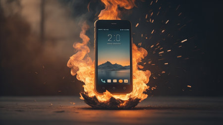 Smartphone with a burning screen on the background of the forest.の素材