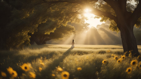 Beautiful woman walking in sunlit meadow with sunflowersの素材