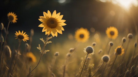 Sunflowers in the meadow at sunset. Selective focus.の素材