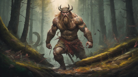 Fantasy illustration of a viking warrior standing in the forest.の素材