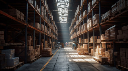 Warehouse interior with rows of wooden pallets. Industrial background.の素材