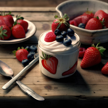 Yogurt with fresh berries in a glass jar on wooden tableの素材