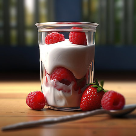 Delicious yogurt with fresh raspberries and strawberries in a glassの素材