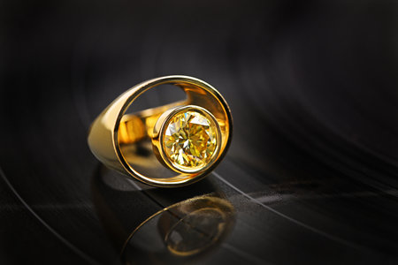 A gold ring with a yellow stone in the center. The ring is on a black surface. The ring is very shiny and the stone is very brightの写真素材