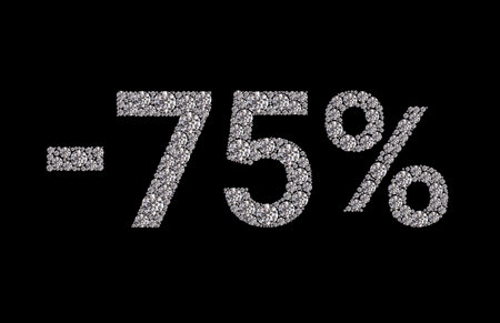 A close up of a diamond shaped number 75 with a diamond shaped percent sign. The image is black and...