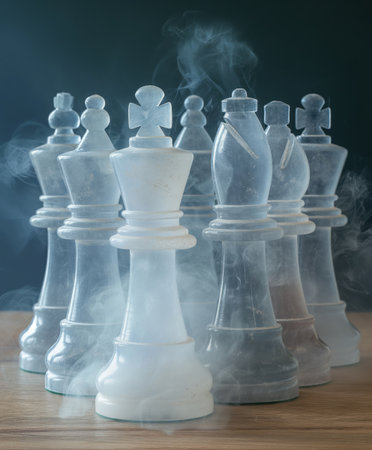 A group of chess pieces are surrounded by smoke, creating a mysterious and eerie atmosphere. The smoke seems to be emanating from the center of the group, with the pieces surrounding itの写真素材