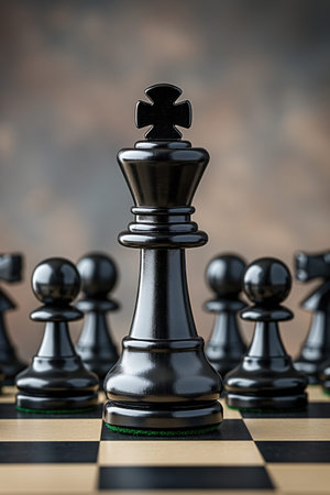 A black chess piece is the king and is surrounded by other pieces. Scene is serious and focused, as...