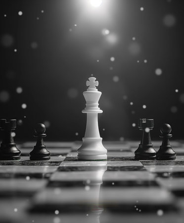 A black and white chess board with a white king and black pawns. The king is the only piece on the...