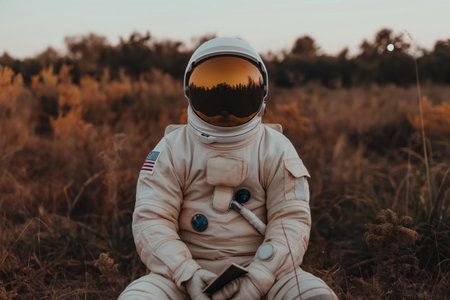 A man in a white spacesuit is sitting in a field. He is holding a cell phone in his hand