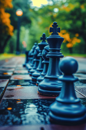 A row of black chess pieces are on a board with a wet surface. Scene is calm and peaceful, as the...