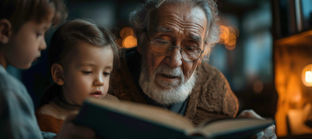 An old man reads a book to two children. The scene is warm and cozy, with the man and children...