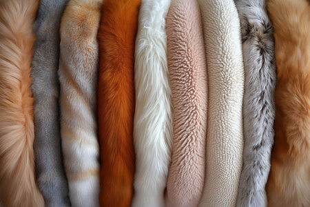 A row of fur coats with different colors and textures. The fur is soft and fluffy, and the colors range from light to dark. Concept of warmth and comfort, as if the fur coats are inviting and cozyの写真素材