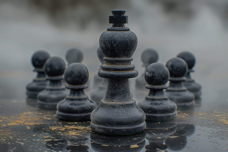 A black chess piece, which is the king, is surrounded by other black chess pieces. Concept of power...