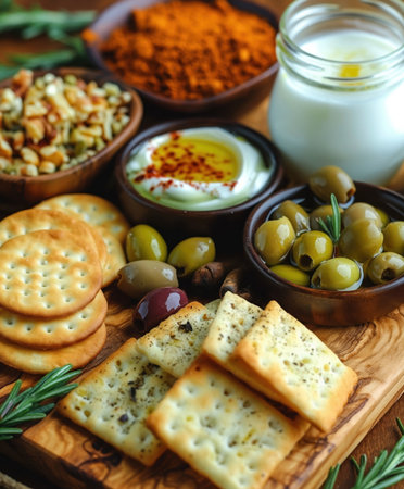 A wooden board with a variety of snacks and dips, including crackers, olives, and cheeseの写真素材