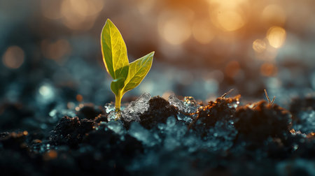A small green plant is growing in the dirt. The plant is surrounded by a dark blue background