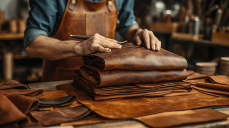 A man is working on a leather project, cutting and shaping the leather. Concept of craftsmanship and...