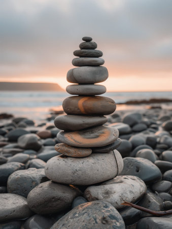 A stack of rocks on a beach with the sun setting in the background. The rocks are arranged in a...