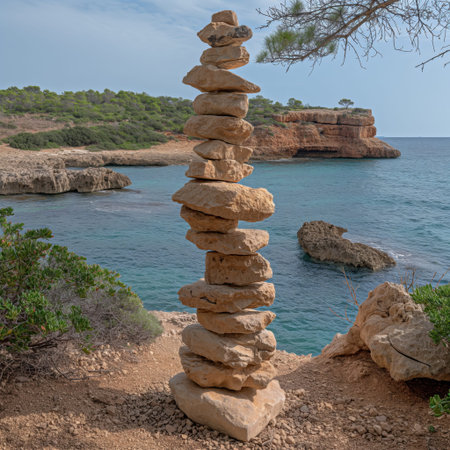 A stack of rocks is on a beach next to the ocean. The rocks are piled up in a pyramid shape. The scene is peaceful and serene, with the ocean in the backgroundの写真素材