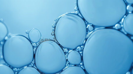 The image is of a blue liquid with many small bubbles. The bubbles are scattered throughout the...