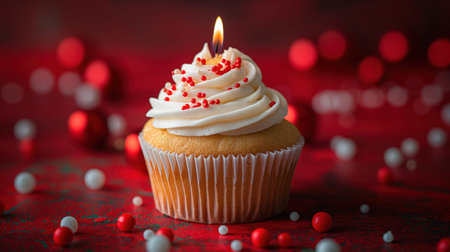 A cupcake with a lit candle on top of it. The cupcake is decorated with red and white frosting and is placed on a red background. The image conveys a festive and celebratory moodの写真素材