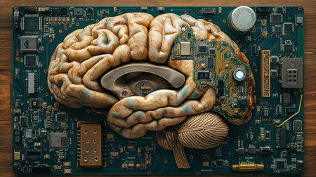 A brain is shown on a computer board with wires and circuits. The brain is surrounded by wires and...