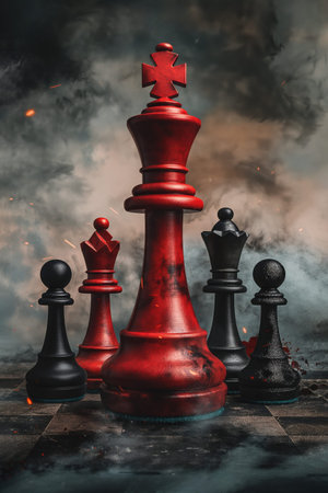 A red chess piece is surrounded by four black pieces. The image has a dark and moody atmosphere, with smoke and fire in the backgroundの写真素材