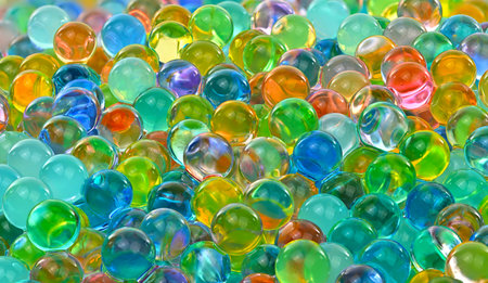 A bunch of colorful marbles are scattered on a surface. The marbles are of different colors and...