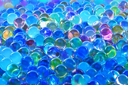 A blue and green sea of marbles. The marbles are of different colors and sizes. The image has a calming and serene moodの写真素材